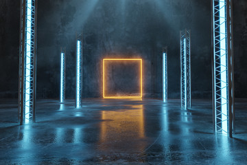 Fototapete - 3d rendering of orange lighten square shape next to metal truss and blue light panels with puddles