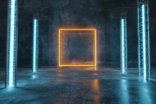 3d rendering of orange lighten square shape next to metal truss and blue light panels with puddles