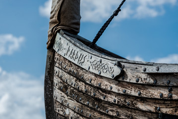 Wooden viking snekkja longship type, close-up, Finland