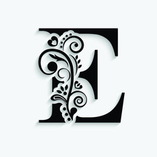 Letter E. Black Flower Alphabet.  Beautiful Capital Letters With Shadow