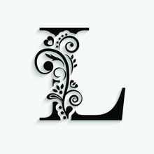Letter L. Black Flower Alphabet.  Beautiful Capital Letters With Shadow