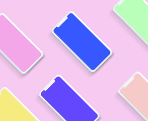Poster - Flat lay scene with colorful mobile phones for UI and UX presentation. Realistic 3D vector illustration, mockup template in pastel colors.