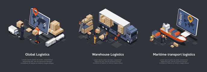 Isometric Set Of Global Logistics, Warehouse Logistics, Maritime Transport Logistics. On Time Delivery Designed To Sort and Carry Large Numbers Of Cargo. Vector Illustration