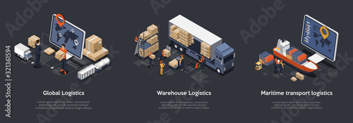 Fotomural Isometric Set Of Global Logistics, Warehouse Logistics, Maritime Transport Logistics