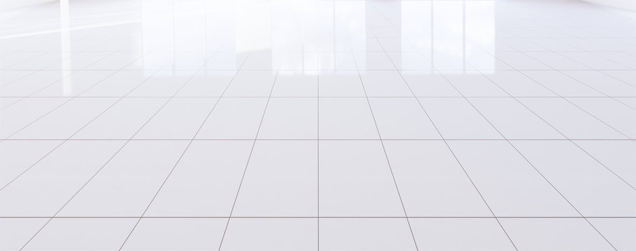 white tile floor background in perspective view. clean, shiny and symmetry with grid line texture. f