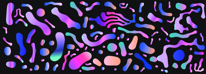 Poster - Abstract colorful blobs set in gradient blue, cyan, pink, green colors. Hatched shapes and dots, flowing liquid, dynamical forms. Vector vaporwave style illustration.