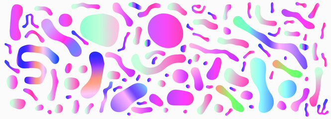 Aufkleber - Abstract colorful blobs set in gradient blue, cyan, pink, green colors. Hatched shapes and dots, flowing liquid, dynamical forms. Vector vaporwave style illustration.