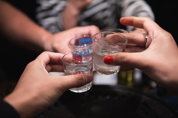 Old friends cheers with Soju in the Yakiniku 