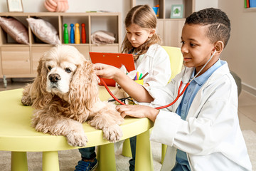 Canvas Print - Cute little children dressed as doctors playing with dog at home