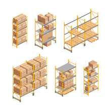 Isometric Warehouse Rack Set With Pallet, Boxes Isolated On White. 3d Metallic Shelves. Storage Equipment Vector Illustration. Logistic And Delivery Service Element For Web, Design, Infographics, Apps