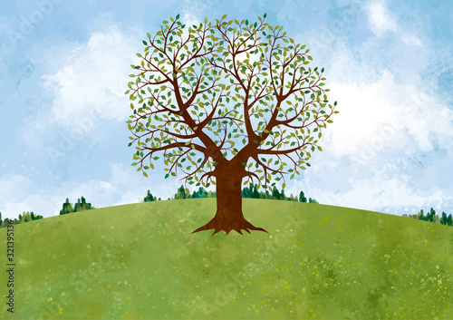 草原 丘 大地 緑 景色 青空 空 自然 背景 水彩 手描き 青空 空 大木 樹木 木 Adobe Stock でこのストックベクターを購入して 類似のベクターをさらに検索 Adobe Stock
