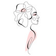 One line drawing abstract woman face with flower in her hair. Continuous line art female portrait. Modern minimalism, aesthetic contour. Vector beauty illustration