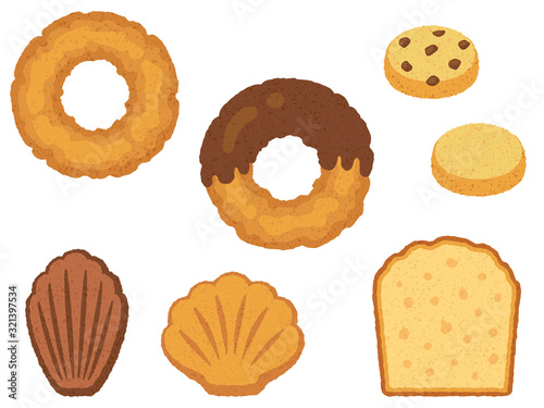 ドーナツと焼き菓子の手描き風イラストセット クッキー マドレーヌ パウンドケーキ Stock Vektorgrafik Adobe Stock