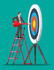 Aufkleber - Businessman on stepladder aim arrow to target. Goal setting. Smart goal. Business target concept. Career ladder. Achievement and success. Vector illustration in flat style