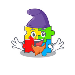 Sticker - cartoon mascot of funny puzzle toy dressed as an Elf