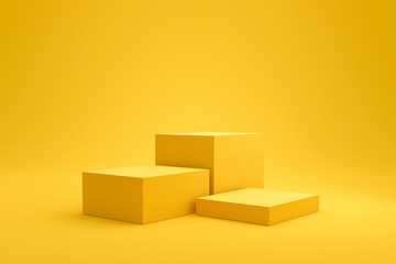 Poster - Yellow podium shelf or empty pedestal display on vivid fashion summer background with minimal style. Blank stand for showing product. 3D rendering.