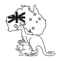 Poster - kangaroo and tasmanian devil with map of australia in the background