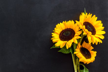 Bouquet Of Sunflowers On Black Background Top-down Copy Space