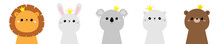 Koala Bear Cat Bunny Rabbit Hare Lion Face Head Icon Set. Scandinavian Style. Golden Crown. Cute Kawaii Cartoon Funny Baby Character. Kids Print For Poster, T-shirt. Love Flat Design. White Background