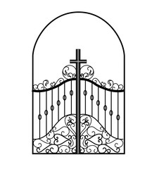 Wall Mural - Gates forged sketch. Artistic forging. Iron door design. Vector illustration isolated on white background. Exterior. Garden gate.