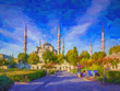 Beautiful sunny day in the park in front of the Blue Mosque (Sultan Ahmet Camii) stunning view landscape in Istanbul, Turkey. - oil painting