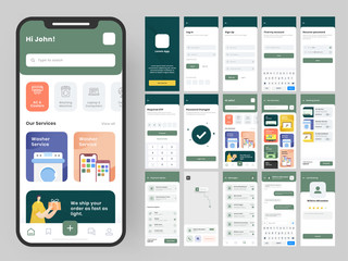 Poster - Mobile App UI Kit with Different GUI Layout Including Log in, Sign up, Create Account, Technical Items Detail, Delivery Service and Payment Screens.