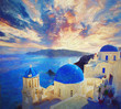 View of stunning colorful morning sunrise, traditional white houses and blue dome churches on small street in the village of Oia in the island of Santorini, Greece.- oil painting.