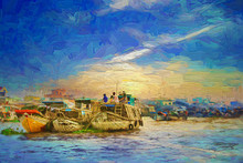 Lifestyle Of Local Vietnamese Living In A Boat At Can Tho In Beautiful Morning Sunrise, Most Famous And Biggest Floating Market In Mekong Delta, Vietnam- Oil Painting.