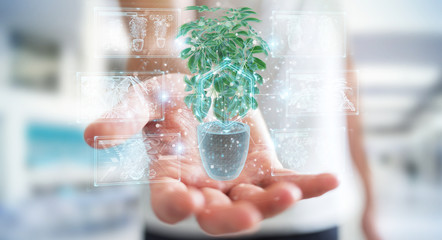 Fototapete - Man holding and touching holographic projection of a plant with digital analysis 3D rendering