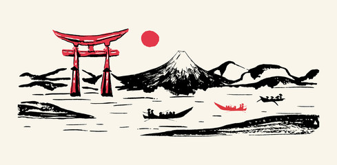 Japan panorama vector ink brush calligraphy background. Japanese mountain Fuji mount, Torii gates and red sun rise scenery with fisher boats on river, ink paint brush sketch and hand drawn graphic