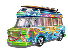 Retro Hippie  Bus With Surf Boards	