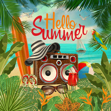 Summer Tropical Poster With Tropical Plants,tape Recorder,surfboard