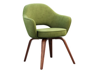 green fabric chair with wooden legs. 3d render