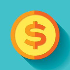 Poster - Dollar icon in flat style, coin on blue background. Business element. Vector design object for you project