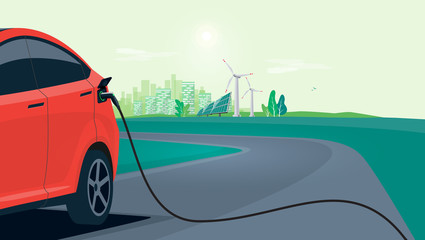 Wall Mural - Electric car charging on city street skyline. Vector illustration battery EV vehicle plugged and getting electricity from renewable power generations solar panel, wind turbine. Vehicle being charged.