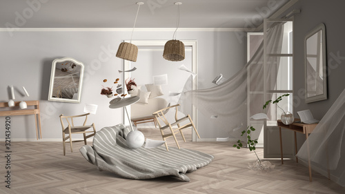Cuadros en Lienzo Living room, home chaos concept with chairs and table, carpet, windows and curta
