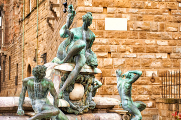 Fountain of Neptune by Bartolomeo Ammannati is a fountain in Florence, Italy, situated on the Piazza della Signoria in front of the Palazzo Vecchio, Florence, Italy, Europe