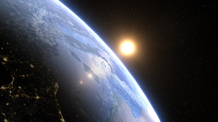Wall Mural - Beautiful view from space of the Sun rising over Planet Earth. Elements of this 3D illustration were furnished by NASA.
