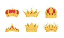 Golden Crowns Collection, Royal Symbols Of Power Of Kings Or Imperiors Vector Illustration