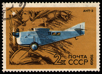 Wall Mural - USSR - CIRCA 1969: post stamp 2 Soviet kopek printed by USSR, shows Tupolev ANT-2 Tupolev Opytnoye Konstruktorskoye Buro's first all-metal aircraft. It had a two-passenger capacity, circa 1969