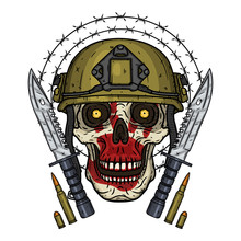Skull In Helmet. T-shirt Print Concept. Soldier Skull. Vector Illustration.