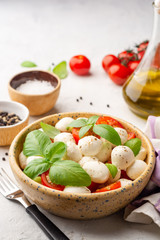 Wall Mural - Traditional Italian caprese salad with mozzarella cheese, cherry tomatoes and basil in ceramic bowl on concrete background. Selective focus.