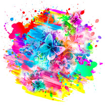 Colorful Paint Splashes Digital Illustration With Butterflies And Flowers