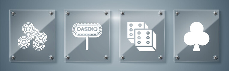 Sticker - Set Playing card with clubs symbol, Game dice, Casino signboard and Casino chips. Square glass panels. Vector