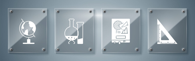 Sticker - set triangular ruler, board with graph chart, test tube and flask chemical laboratory test and earth