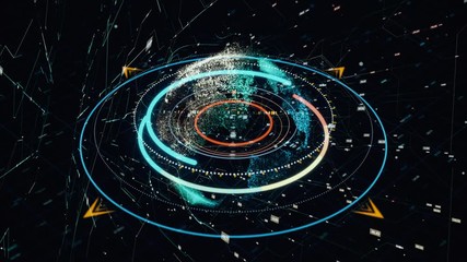 Poster - Abstract radar with targets in action, abstract futuristic computer system. Animation. Colorful searching online program, military force and surveillance concept.