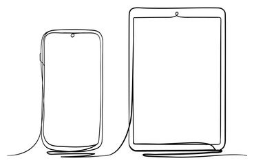 Poster - Tablet PC and Smart Phone Hand Drawn Continuous Line Art Vector Illustration. Isolated on White Background.