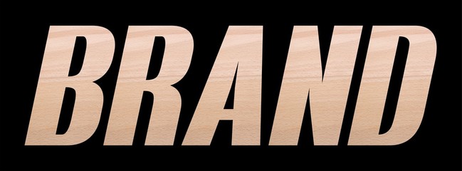 BRAND word with wooden texture on black background.