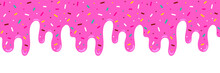 Pink Ice Cream Melted With Colorful Cute Candy Sprinkles Long Border, Banner Seamless Pattern, Vector White Background