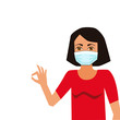 A woman with black hair and brown eyes wearing a mask and showing ok sign. White background, isolated clipart. Space for text